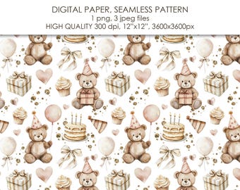 May include: A seamless pattern featuring watercolour illustrations of teddy bears, cupcakes, presents, balloons, and confetti. The pattern is perfect for creating birthday cards, invitations, party decorations, and other craft projects.