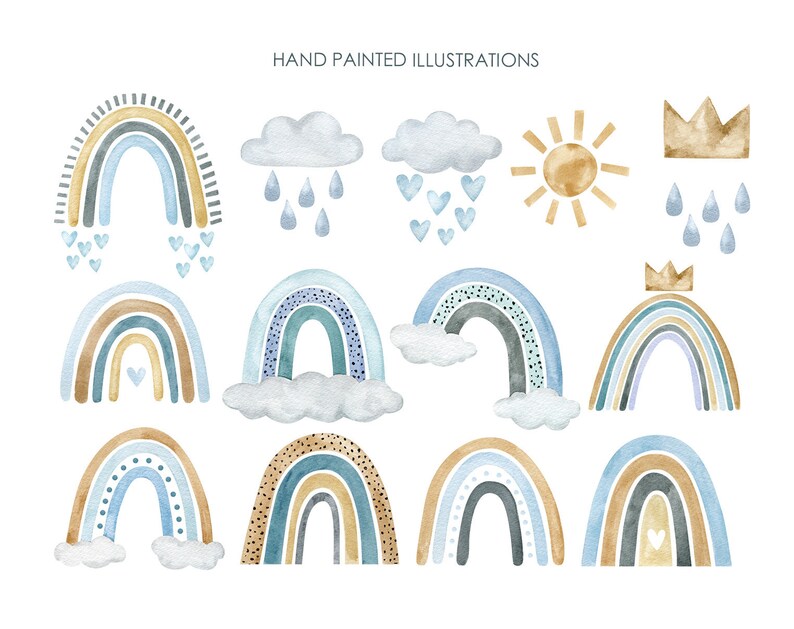 Watercolor Boho Rainbow Clipart. Muted Blue Rainbow Hand Drawn ...