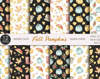 Watercolor fall digital paper. Pumpkin digital paper. Autumn leaves seamless pattern.