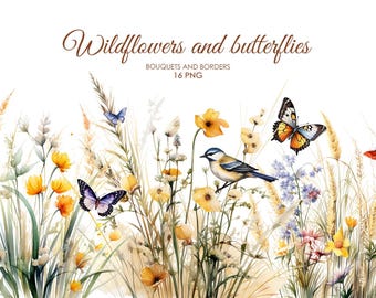 Boho Wild Flowers clipart. Wildflowers and butterflies. Wildflower meadow. Summer flowers Digital clipart
