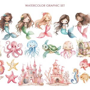 Puede incluir: Conjunto gr&aacute;fico de acuarela con sirenas, criaturas marinas y castillos submarinos. El conjunto incluye una variedad de elementos, como un pulpo, medusas, caballitos de mar, estrellas de mar y un cangrejo. Las sirenas se representan con cabello largo y colas flotantes, y los castillos est&aacute;n adornados con corales y algas.