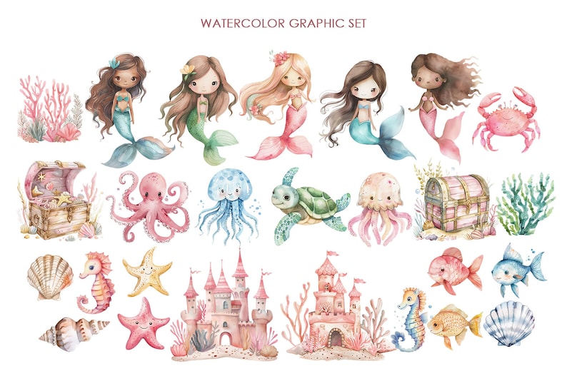 Puede incluir: Conjunto gr&aacute;fico de acuarela con sirenas, criaturas marinas y castillos submarinos. El conjunto incluye una variedad de elementos, como un pulpo, medusas, caballitos de mar, estrellas de mar y un cangrejo. Las sirenas se representan con cabello largo y colas flotantes, y los castillos est&aacute;n adornados con corales y algas.