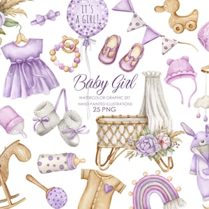 Aquarel boho kwekerij clipart. Baby meisje clipart. Verjaardagsuitnodiging clipart.