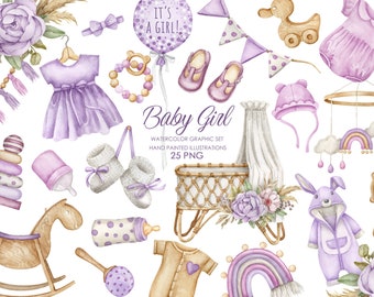 Watercolor boho nursery clipart. Baby girl clipart. Birthday invitation clipart.