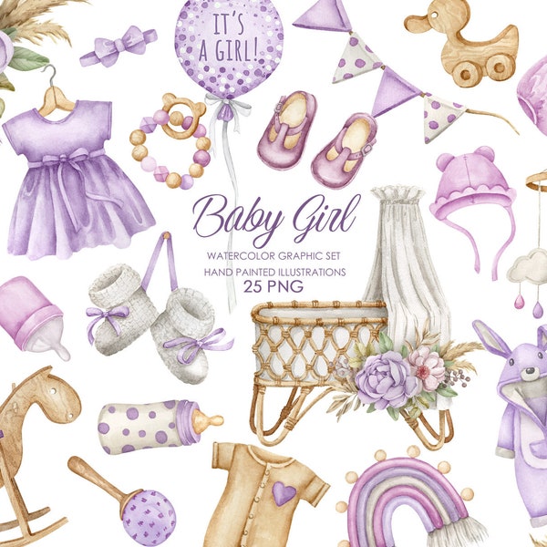 Watercolor boho nursery clipart. Baby girl clipart. Birthday invitation clipart.