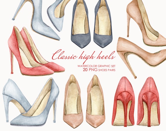 Watercolor womens shoes clipart. High heels clipart. fashion boutique illustration.