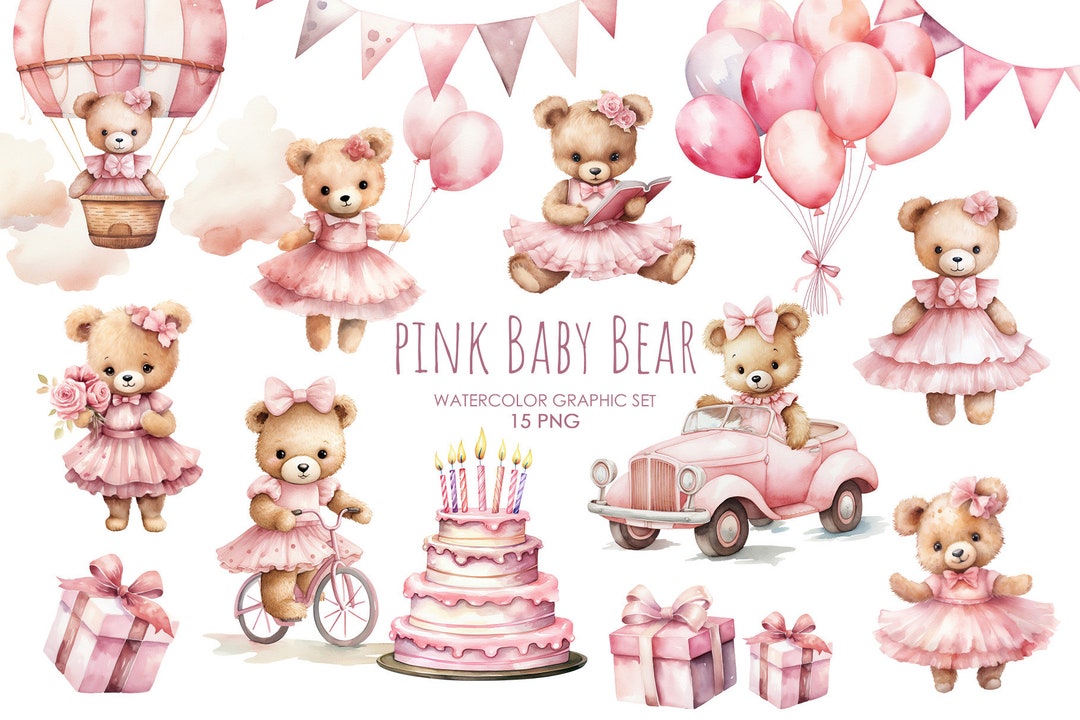Watercolor Pink Baby Bear Clipart. Girl Bears PNG. Boho Nursery Clipart ...