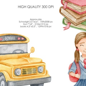 May include: Watercolor illustration featuring a yellow school bus with the word "SCHOOL" on the front, a stack of books, and a smiling schoolgirl with a backpack. The image is labeled "HIGH QUALITY 300 DPI".