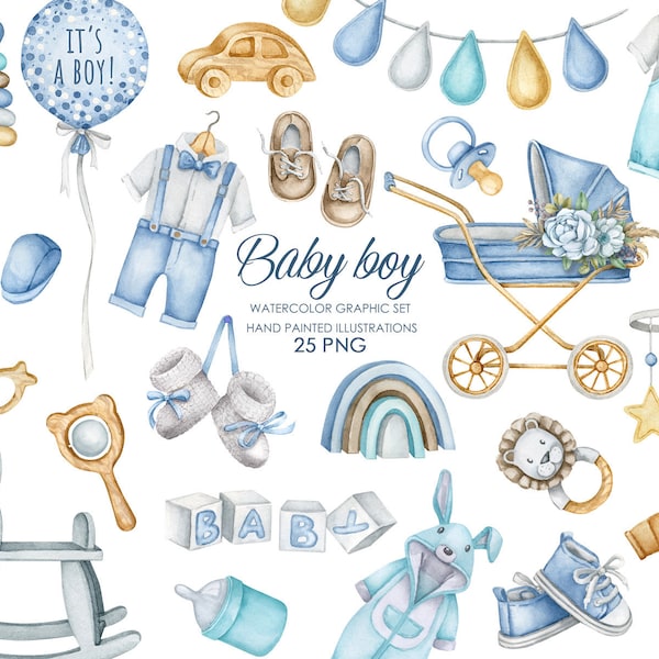 Watercolor boho nursery clipart. Baby boy clipart. Baby shower invitation clipart.