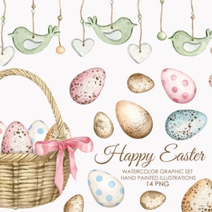 Imágenes prediseñadas de huevos de Pascua de acuarela. Huevos navideños en una canasta e ilustraciones de guirnaldas de primavera.