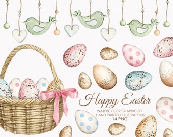 Watercolor easter eggs clipart. Holiday eggs in a basket and spring garland illustrations.