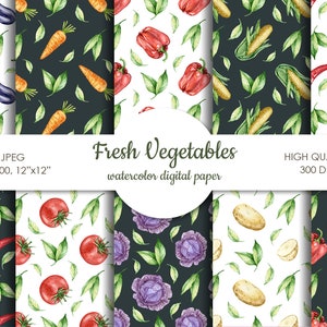 Puede incluir: Conjunto de 18 papeles digitales con ilustraciones de acuarela de verduras frescas sobre fondos blancos y oscuros. Las verduras incluyen berenjena, zanahorias, pimientos rojos, maíz, chiles, tomates, col roja y patatas.