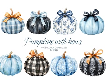 Pumpkins and bows. Watercolor pumpkin clipart. Cute autumn clipart. Black pumpkin png