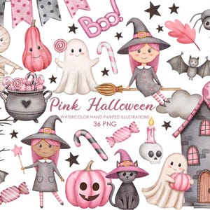 May include: Pink Halloween themed watercolor illustrations featuring a witch, ghost, pumpkin, candy, a haunted house, and other spooky characters.  The text "Pink Halloween" is written in the center of the image.