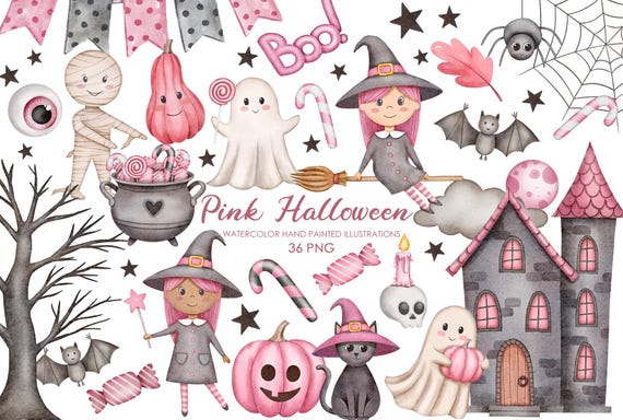 Pink Halloween Clipart. Cute Halloween. Cute Witch clipart. Ghost clipart. Halloween party Graphic.