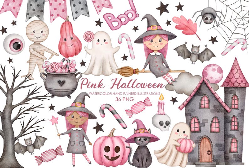 May include: Pink Halloween themed watercolor illustrations featuring a witch, ghost, pumpkin, candy, a haunted house, and other spooky characters.  The text "Pink Halloween" is written in the center of the image.