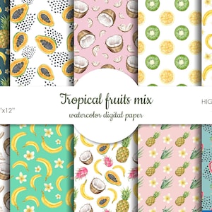Acuarela Tropical Fruit Digital Paper JPEG bundle-Watercolor fruits Seamless Pattern-Hand painted watercolor pattern-Summer fruits textures