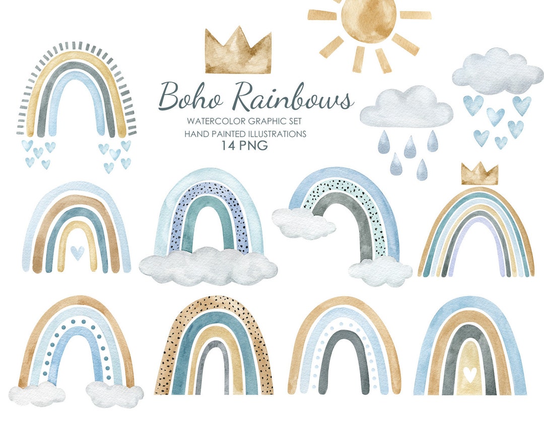 Watercolor Boho Rainbow Clipart. Muted Blue Rainbow Hand Drawn ...