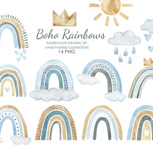 Akwarela boho tęczowy clipart. Przytłumione niebieskie tęczowe ilustracje rysowane ręcznie. Do druku w pokoju dziecięcym.