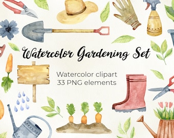 Watercolor Garden Clipart PNG. Watercolor Gardening Download- Hand painted watercolor floral clipart-Spring watercolor-Garden tools supplies