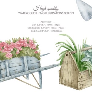 Puede incluir: Conjunto de ilustraciones de acuarela de herramientas de jardiner&iacute;a, que incluye una carretilla llena de flores rosas, una caja de herramientas de madera con plantas verdes y una pala de mano. Las herramientas est&aacute;n pintadas en un estilo realista con detalles sutiles.