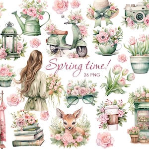Aquarell Frühling Clipart. Cottagecore Clipart. Romantische Frühlingsgrafik. Rustikaler Frühling. Tulpen, Blumenladen.