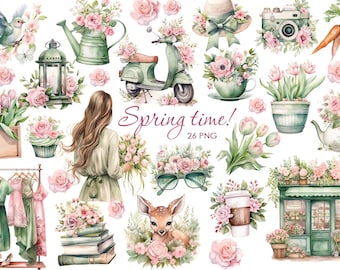 Watercolor Spring Clipart. Cottagecore Clipart. Romantic spring graphics. Rustic spring. Tulips, Flower shop.