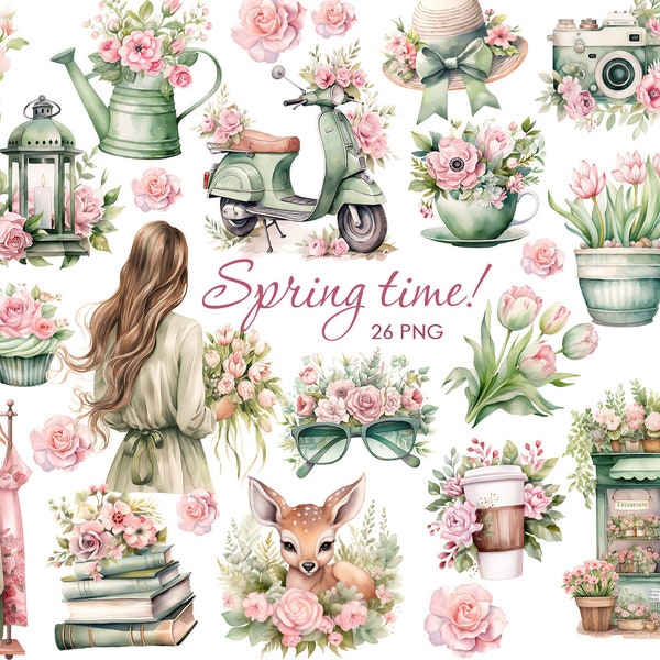 Watercolor Spring Clipart. Cottagecore Clipart. Romantic spring graphics. Rustic spring. Tulips, Flower shop.