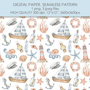 Nautische Musterdesign. Sailor Clipart-Papier. Leuchtturm, Boot, Leben im Meer