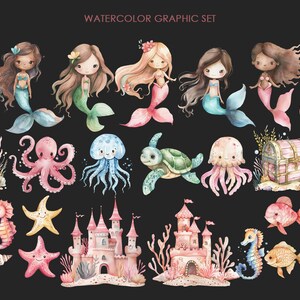Puede incluir: Conjunto gr&aacute;fico de acuarela con sirenas, criaturas marinas y escenas submarinas. Incluye una sirena rosa y azul, un pulpo rosa, una medusa azul, una tortuga marina verde, un castillo rosa y un arrecife de coral.