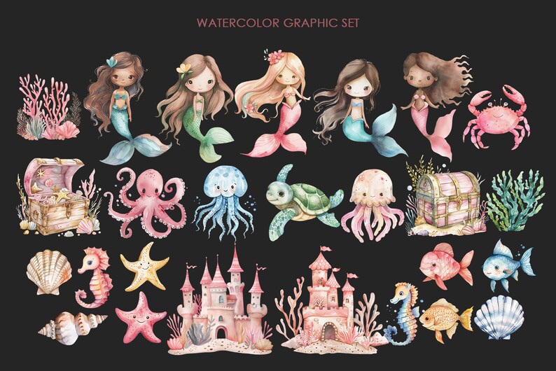 Puede incluir: Conjunto gr&aacute;fico de acuarela con sirenas, criaturas marinas y escenas submarinas. Incluye una sirena rosa y azul, un pulpo rosa, una medusa azul, una tortuga marina verde, un castillo rosa y un arrecife de coral.