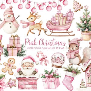 Clipart de acuarela de Navidad rosa. Paquete de clipart navideño acogedor. Lindos archivos PNG navideños. Clipart de Navidad