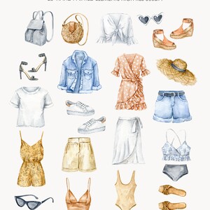 以下が含まれることがあります： 手描き水彩画で描かれた、洋服とアクセサリーのイラスト25点セット。セットには、白いTシャツ、デニムジャケット、白いクロップトップ、麦わら帽子、サングラス、サンダル、バックパック、ハンドバッグ、スニーカー、ショートパンツ、スカート、ドレス、水着、ビキニが含まれています。