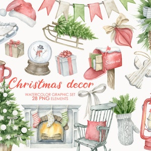 Clipart de Noël à l’aquarelle. Clipart du Nouvel An. Sapin de Noël, lanterne, cheminée, boule de neige illustrations peintes à la main.