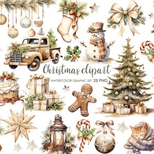 Clipart natalizie neutre ad acquerello. Bundle di clipart natalizie accoglienti. Natale rustico.