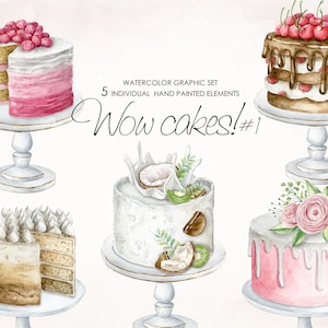 Watercolor birthday cake clipart set. Wedding flower cake clipart. Fruit cake. Logo Cake Design. Food bakery clipart. image 1