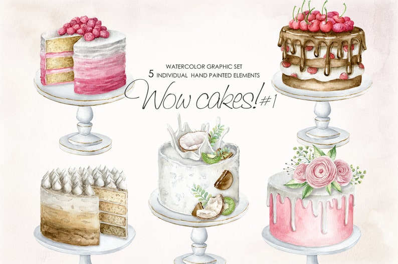 Watercolor birthday cake clipart set. Wedding flower cake clipart. Fruit cake. Logo Cake Design. Food bakery clipart. image 1