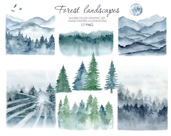 Paysage forestier aquarelle clipart.  Forêt brumeuse et montagnes clipart. Illustrations de pins boisés.