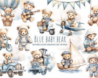 Puede incluir: Ilustraciones de acuarela de un osito azul bebé en varias actividades, incluyendo volar un avión, conducir un scooter, conducir un coche y montar en bicicleta. Las ilustraciones son perfectas para invitaciones de baby shower, decoración de la guardería y otros proyectos de manualidades.