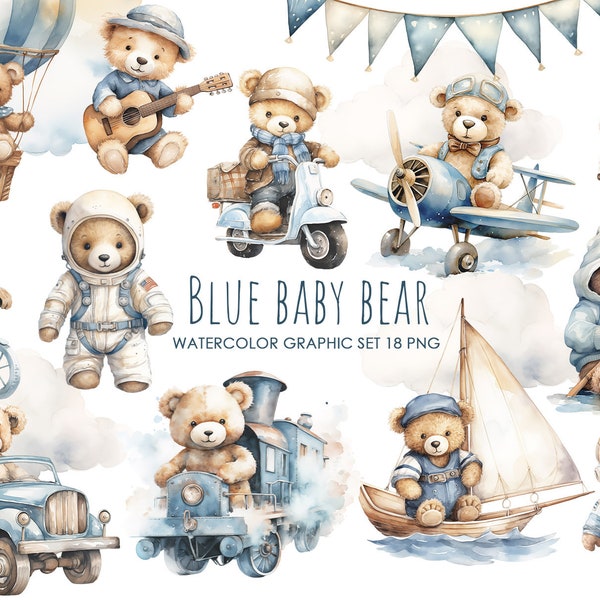 Watercolor baby bear clipart. Baby Bear on airplane. Boho Nursery clipart. Boy baby shower PNG. Commercial use