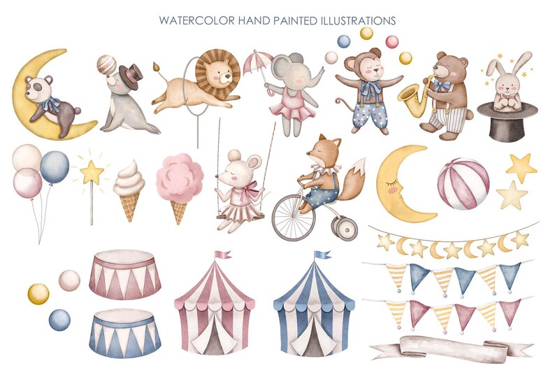 Circus Animals Watercolor Clipart Set, Cute Nursery Animal ...