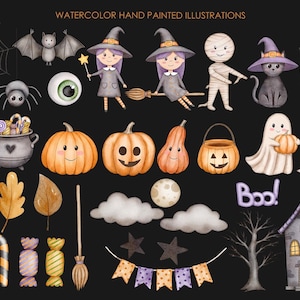 May include: Watercolor illustrations of Halloween characters and objects, including witches, ghosts, pumpkins, candy, a spider web, a haunted house, and the text "Boo!"