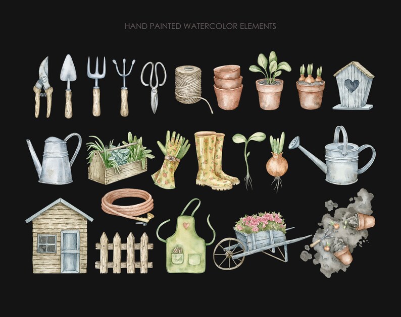 Puede incluir: Un conjunto de ilustraciones de acuarela de herramientas de jardiner&iacute;a, plantas y otros art&iacute;culos relacionados con el jard&iacute;n. El conjunto incluye una regadera, una pala, un rastrillo, un par de guantes de jardiner&iacute;a, un par de botas, una planta en maceta, una casa para p&aacute;jaros, una carretilla, una valla y una caseta de jard&iacute;n.