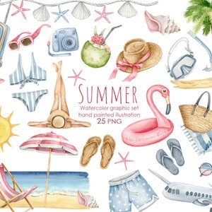 Clipart spiaggia estiva ad acquerello. PNG vacanze estive. Clipart viaggio.