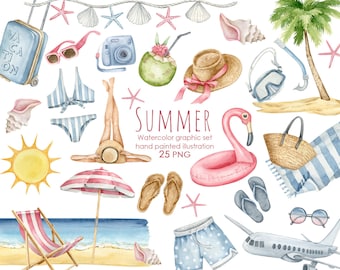 Watercolor summer beach clipart. Summer vacation PNG. Travel clipart.