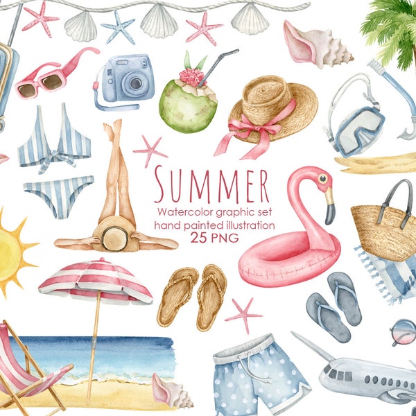 Watercolor summer beach clipart. Summer vacation PNG. Travel clipart.