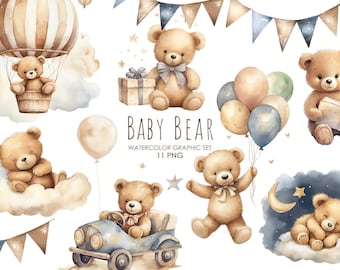 Watercolor baby bear clipart. Sleeping Bears PNG. Boho Nursery clipart