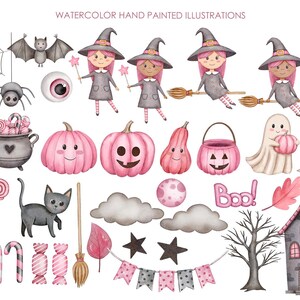 May include: Watercolor illustrations of Halloween themed items in pink and black.  There are witches, pumpkins, ghosts, a bat, a spider, a candy cauldron, a haunted house, a mummy, candy canes, and more.