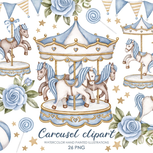 Carousel watercolor clipart. Blue carousel Horse. Nursery clipart.