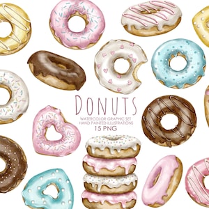 Clipart de donut em aquarela. Donuts de chocolate, donuts granulados. Clipart de sobremesa.